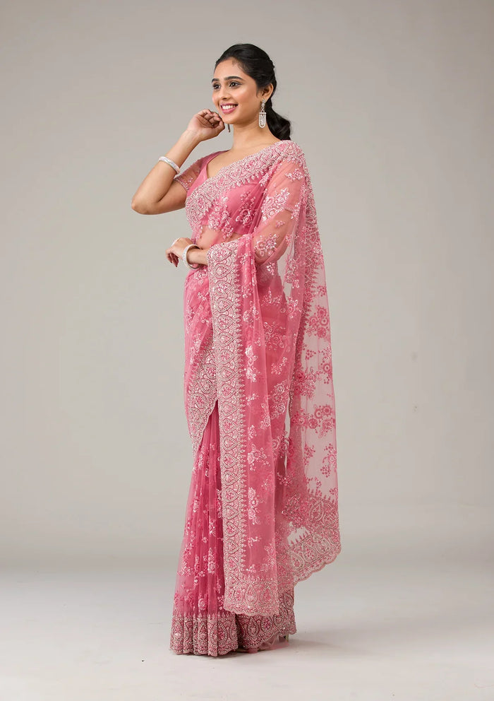 Fashion Cave Onion Pink Stonework Net Saree