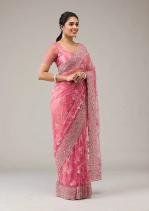 Fashion Cave Onion Pink Stonework Net Saree