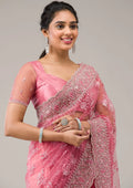 Fashion Cave Onion Pink Stonework Net Saree