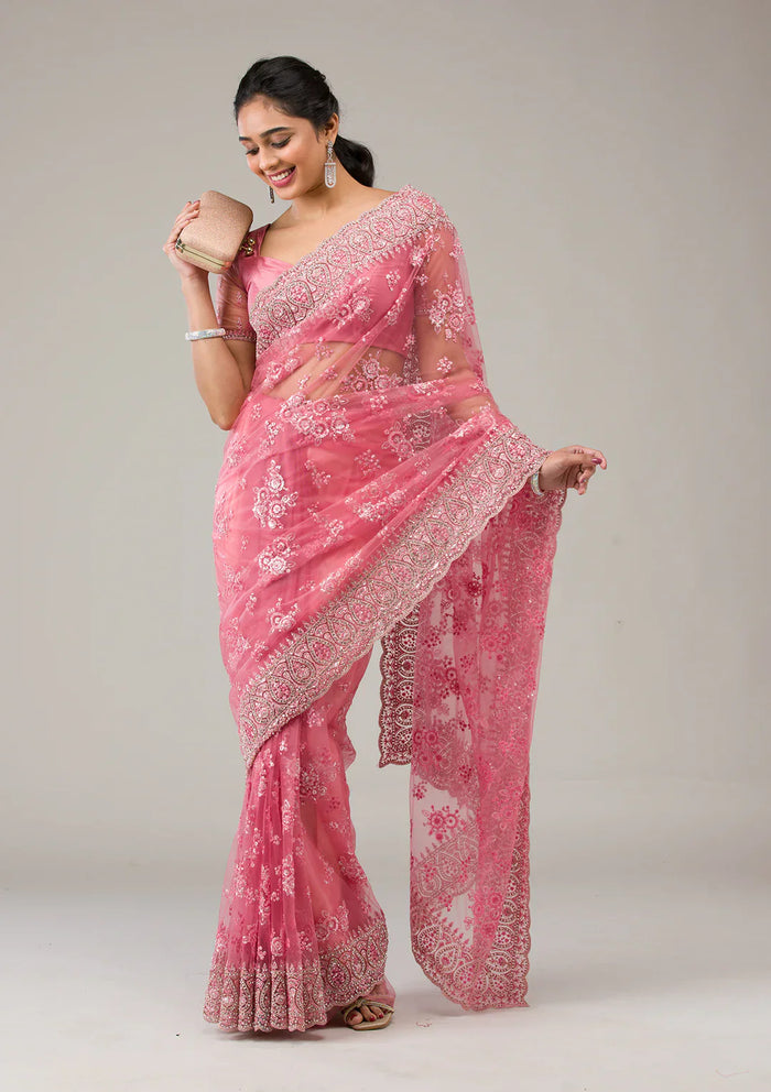 Fashion Cave Onion Pink Stonework Net Saree