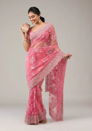 Fashion Cave Onion Pink Stonework Net Saree