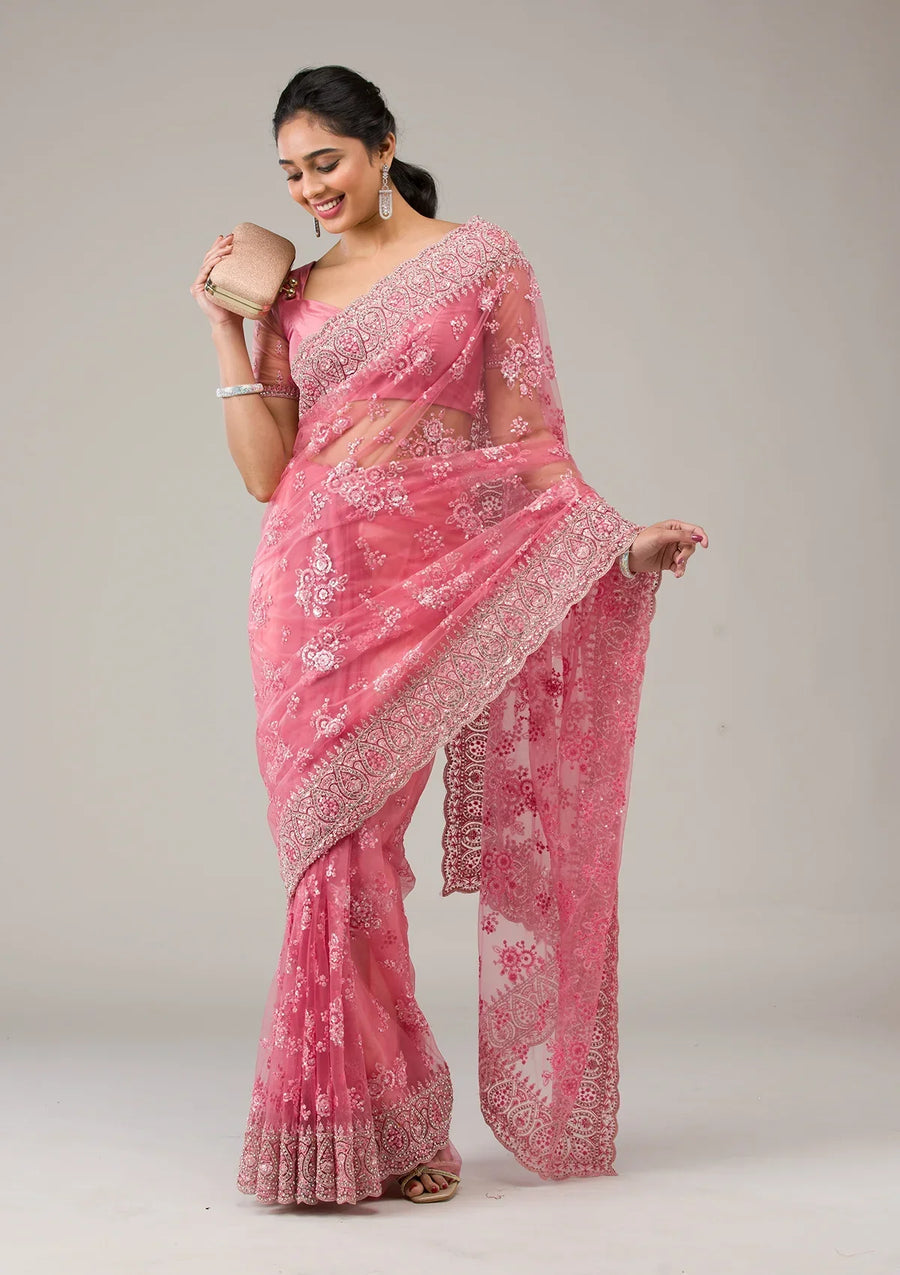 Fashion Cave Onion Pink Stonework Net Saree