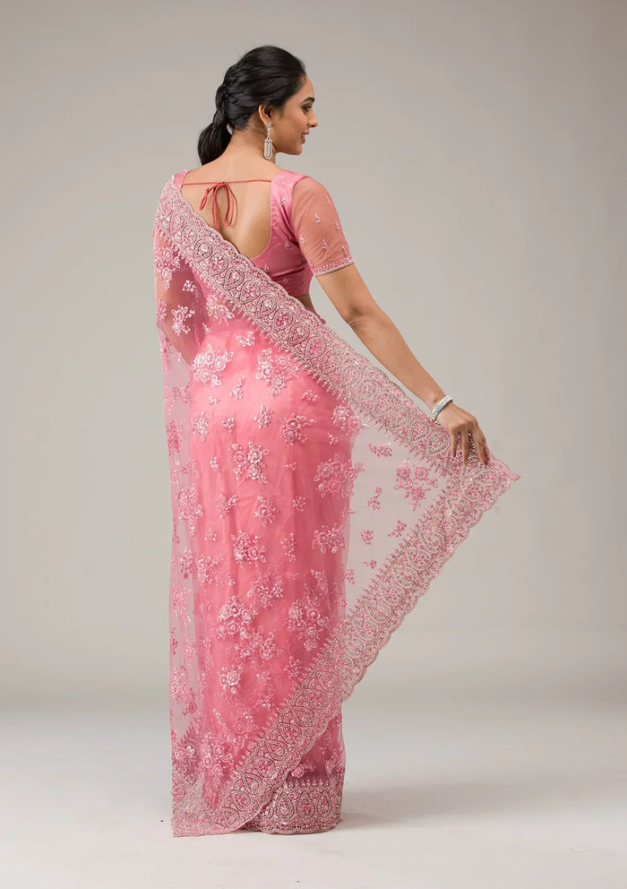 Fashion Cave Onion Pink Stonework Net Saree