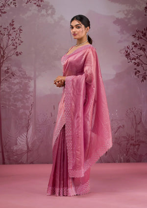 Fashion Cave Onion Pink Swarovski Tissue Saree