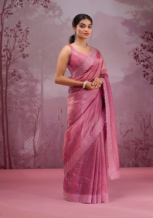 Fashion Cave Onion Pink Swarovski Tissue Saree