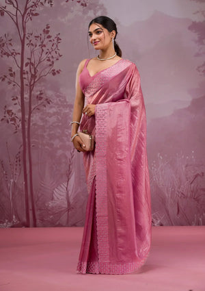 Fashion Cave Onion Pink Swarovski Tissue Saree