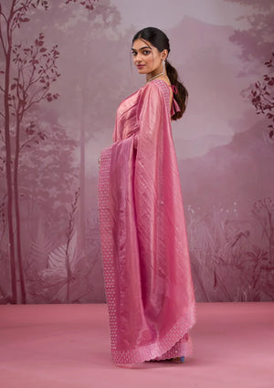Fashion Cave Onion Pink Swarovski Tissue Saree