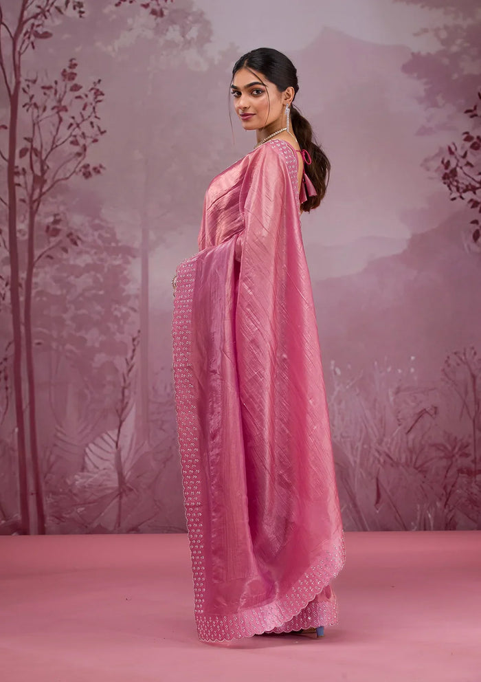 Fashion Cave Onion Pink Swarovski Tissue Saree