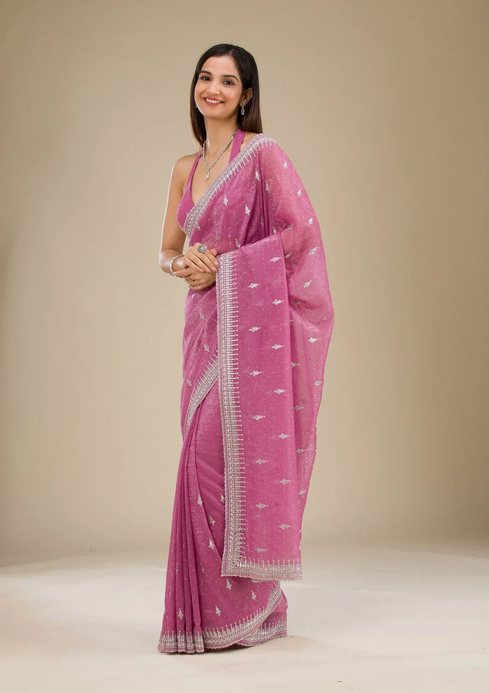 Fashion Cave Onion Pink Zariwork Tissue Saree