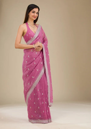 Fashion Cave Onion Pink Zariwork Tissue Saree