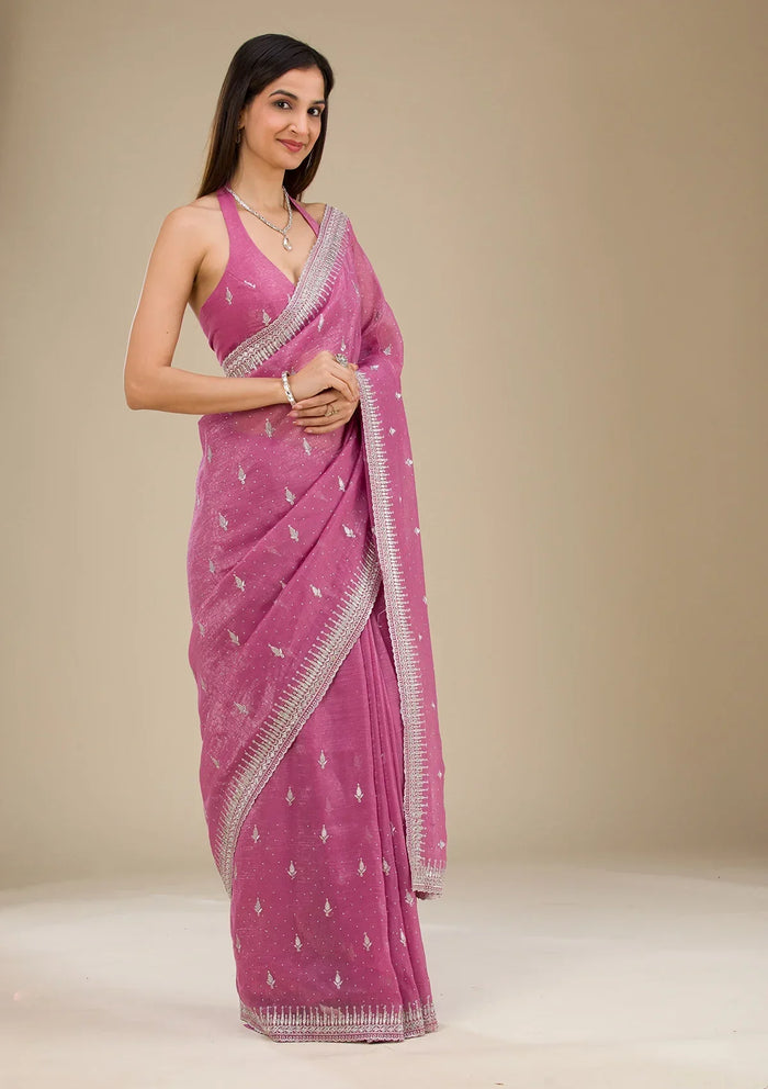 Fashion Cave Onion Pink Zariwork Tissue Saree
