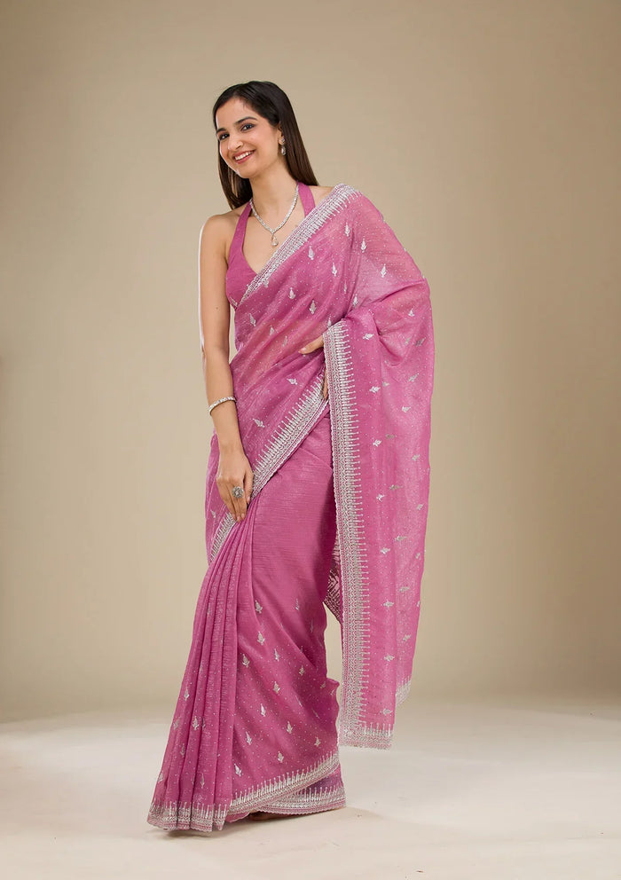 Fashion Cave Onion Pink Zariwork Tissue Saree