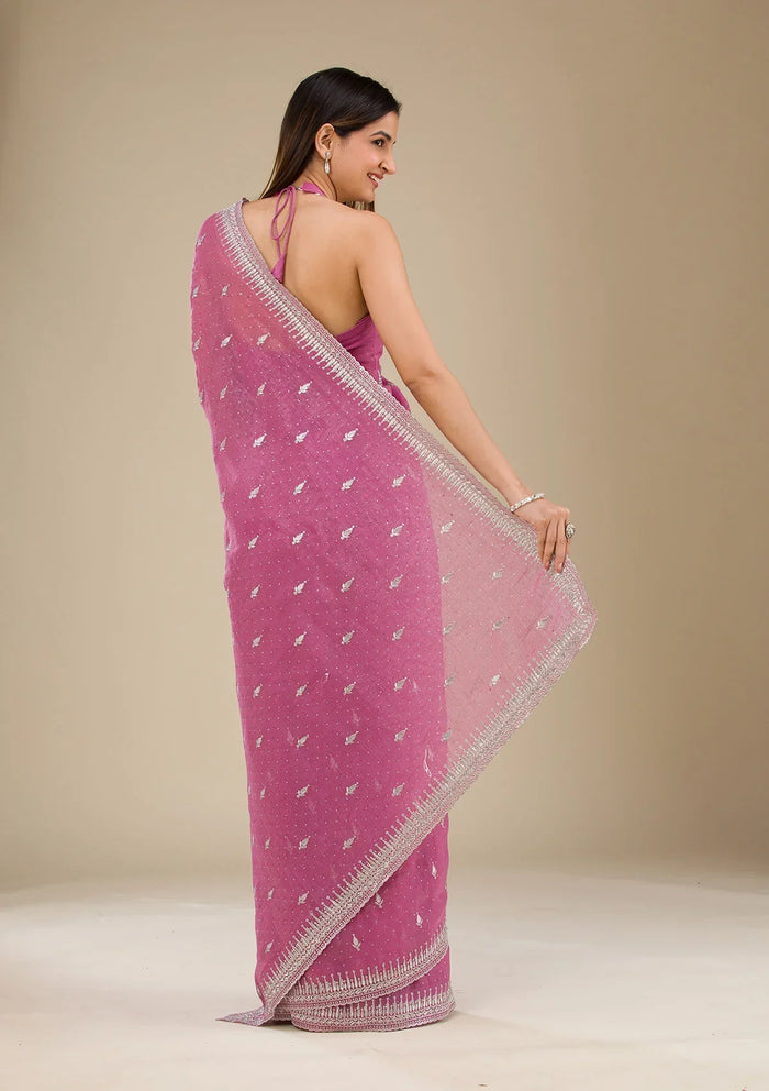 Fashion Cave Onion Pink Zariwork Tissue Saree