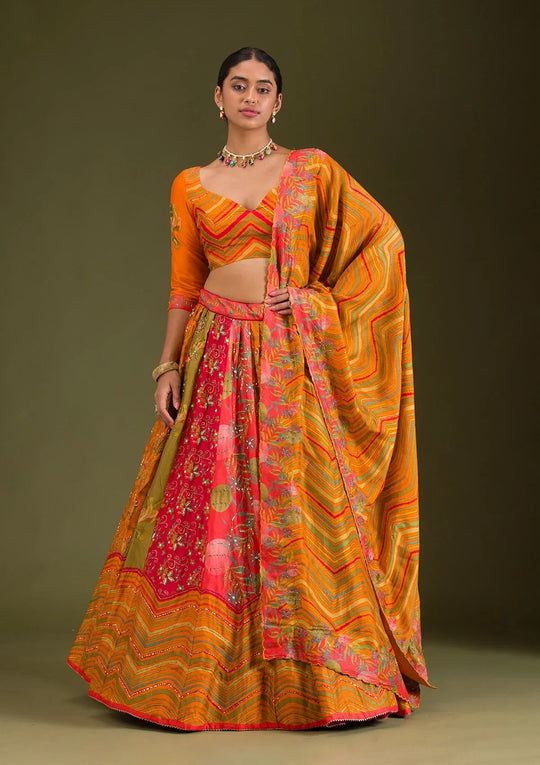 Fashion Cave Orange Cutdana Silk Semi Stitched Lehenga
