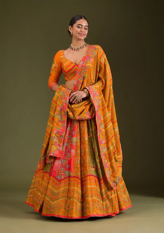 Fashion Cave Orange Cutdana Silk Semi Stitched Lehenga