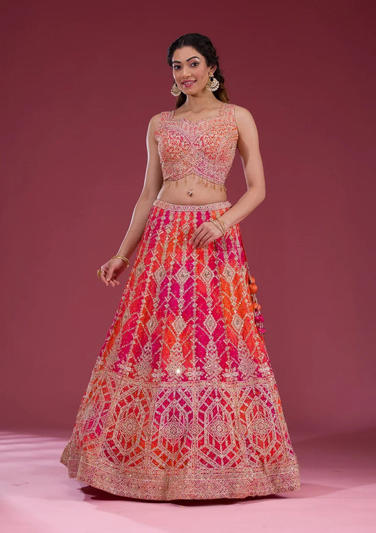 Fashion Cave Orange Zariwork Semi Crepe Readymade Lehenga