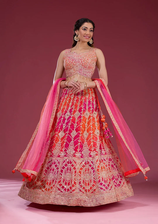 Fashion Cave Orange Zariwork Semi Crepe Readymade Lehenga