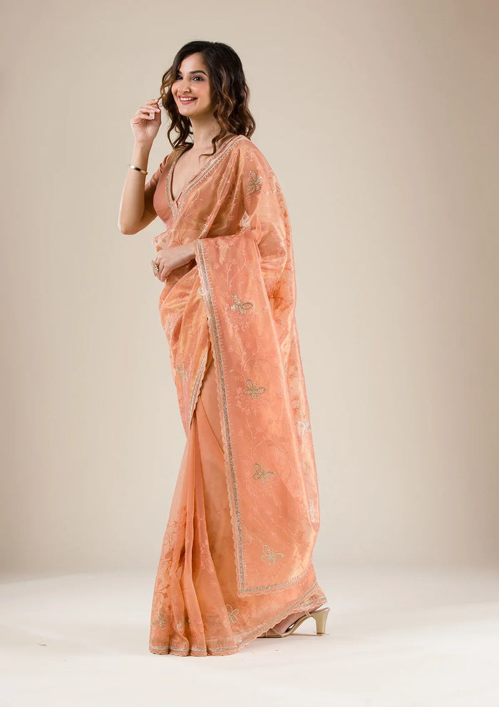 Fashion Cave Peach Stonework Tissue Saree