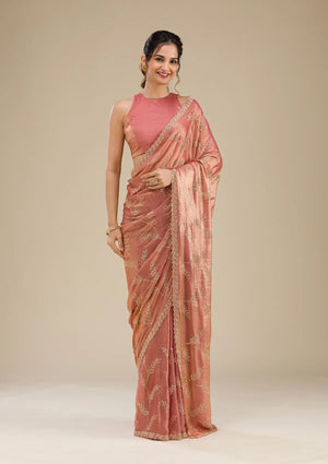 Fashion Cave Peach Stonework Tissue Saree