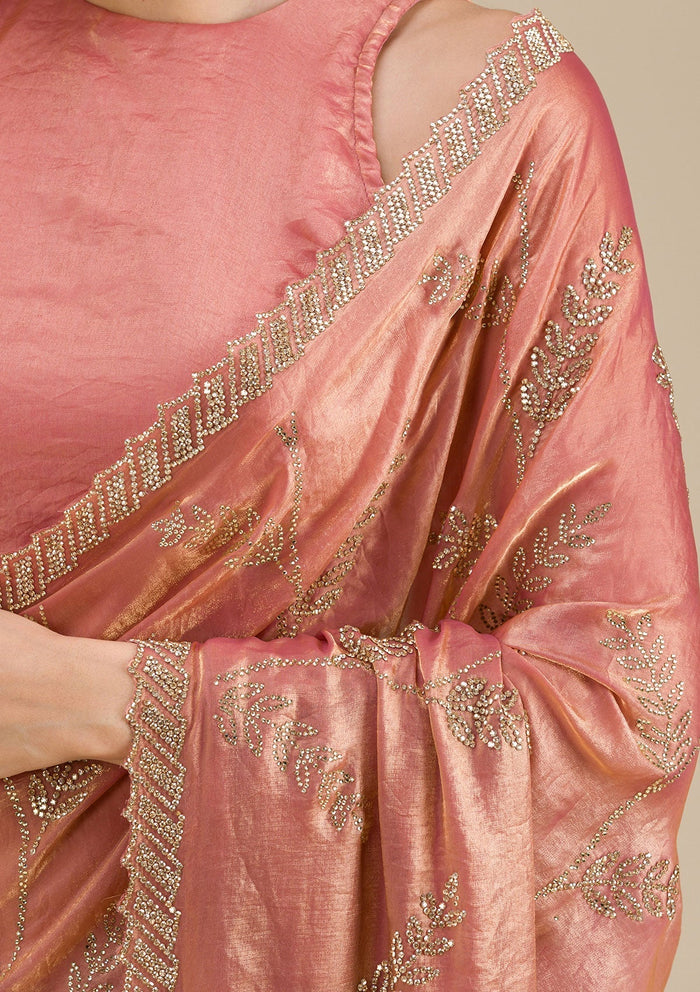 Fashion Cave Peach Stonework Tissue Saree