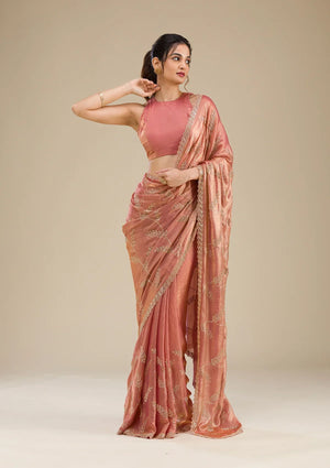 Fashion Cave Peach Stonework Tissue Saree