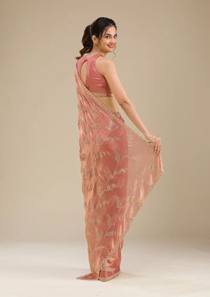 Fashion Cave Peach Stonework Tissue Saree