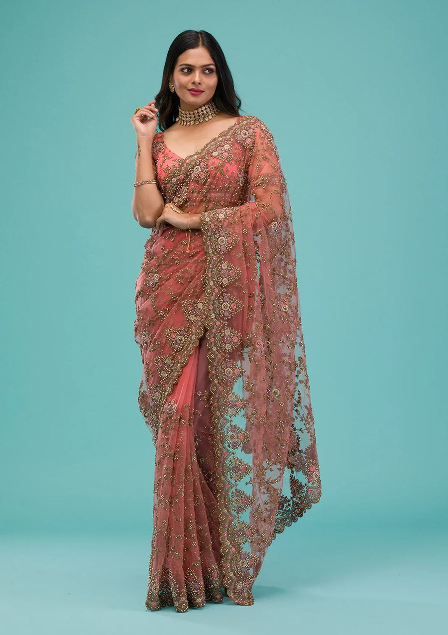 Fashion Cave Peach Zariwork Net Saree