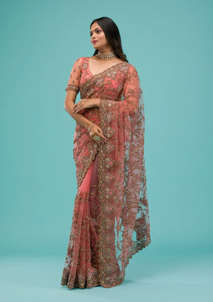Fashion Cave Peach Zariwork Net Saree