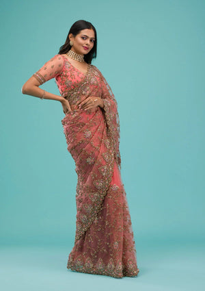 Fashion Cave Peach Zariwork Net Saree