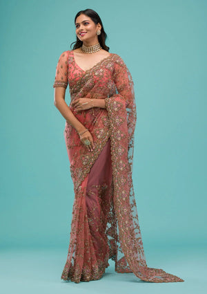 Fashion Cave Peach Zariwork Net Saree