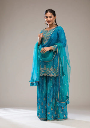 Fashion Cave Peacock Blue Zariwork Semi Crepe Readymade Salwar Suit