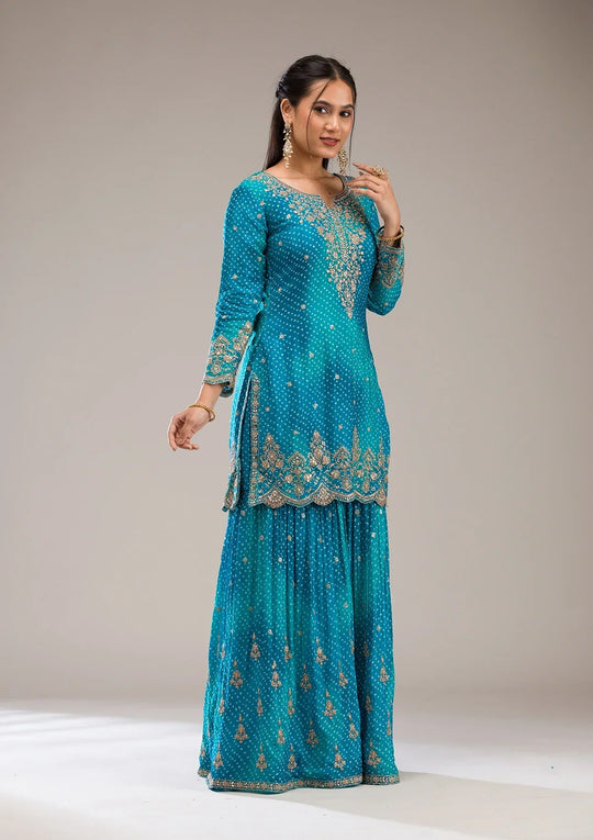 Fashion Cave Peacock Blue Zariwork Semi Crepe Readymade Salwar Suit