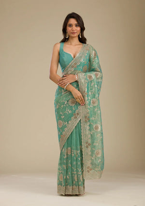 Fashion Cave Sea Green Zariwork Tissue Saree