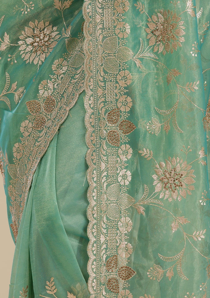Fashion Cave Sea Green Zariwork Tissue Saree