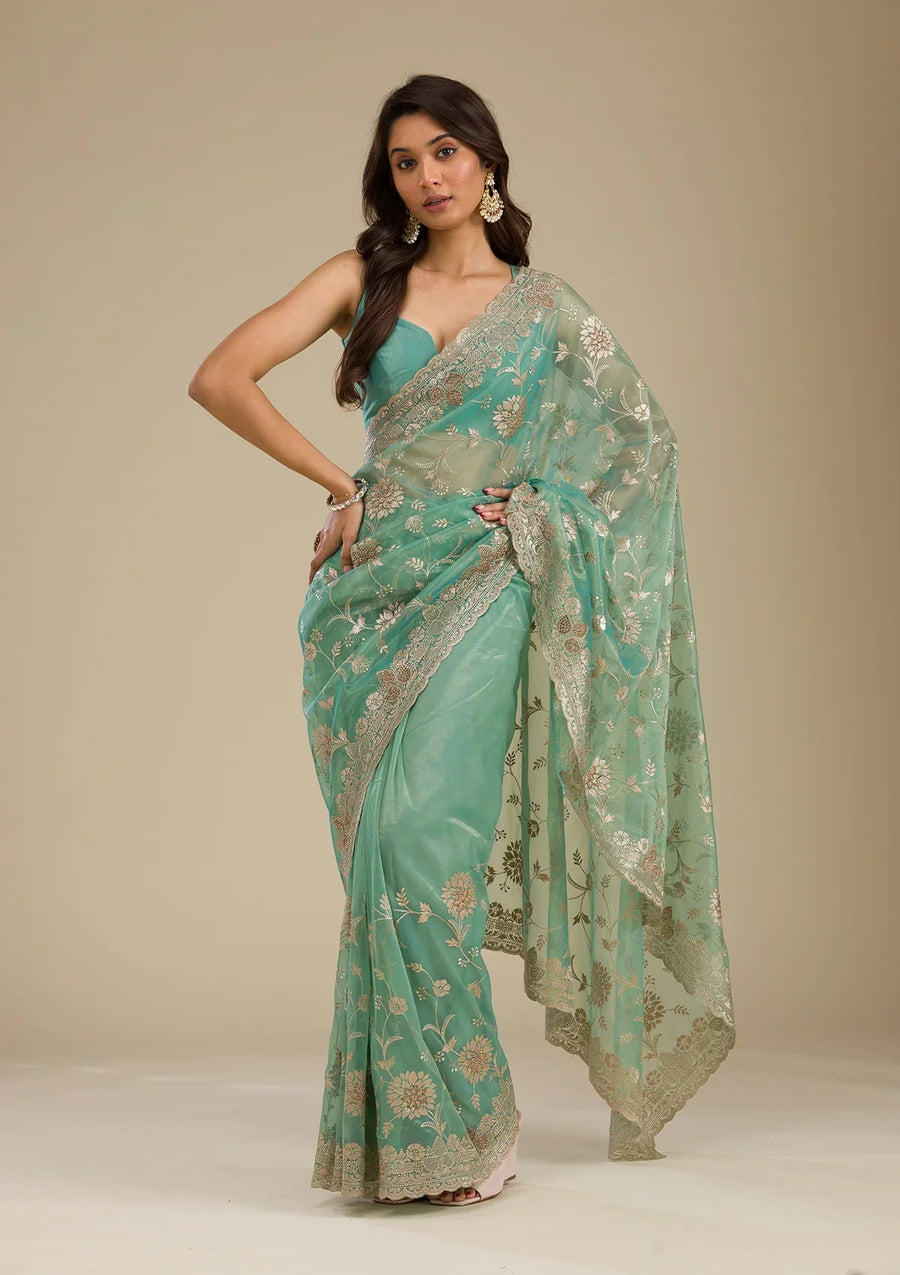 Fashion Cave Sea Green Zariwork Tissue Saree