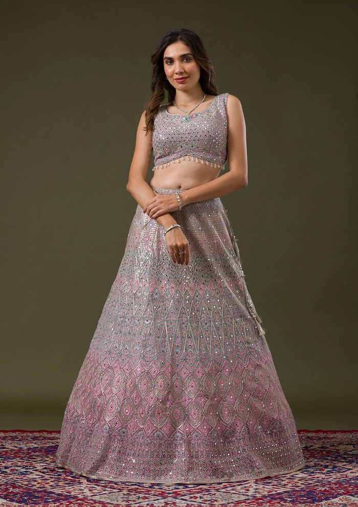Fashion Cave Pink Threadwork Net Readymade Lehenga