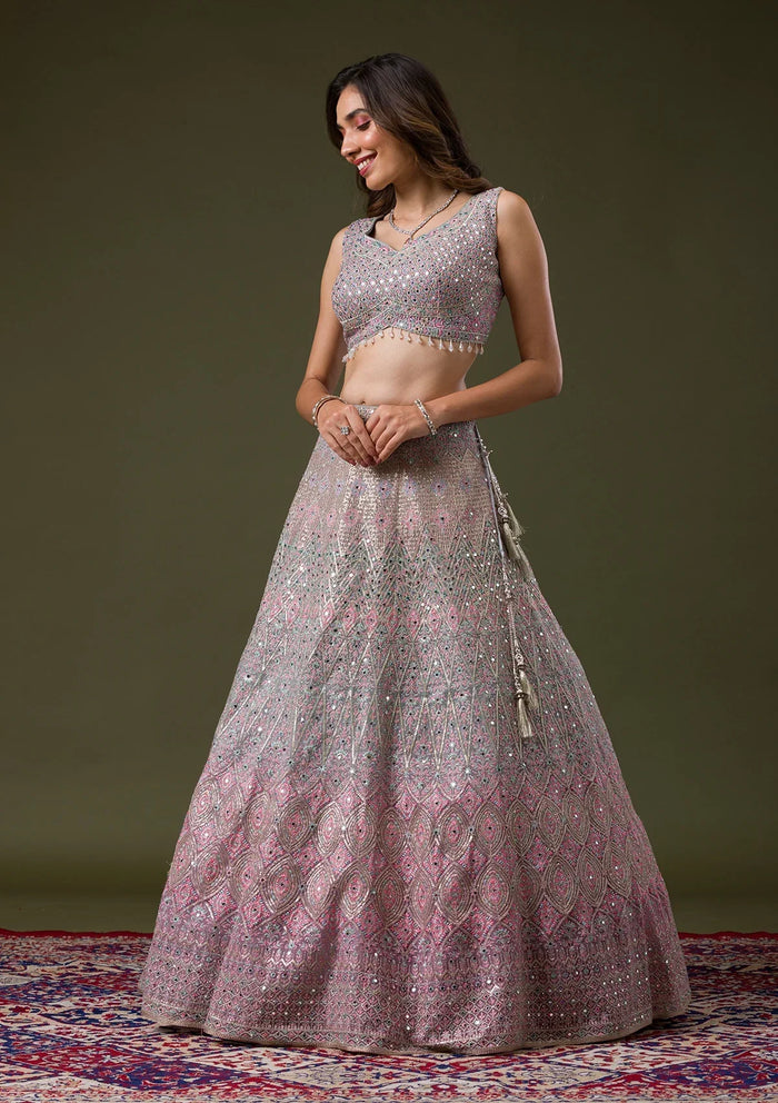 Fashion Cave Pink Threadwork Net Readymade Lehenga