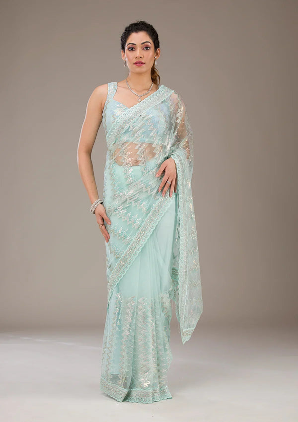 Fashion Cave Pista Green Sequins Net Saree