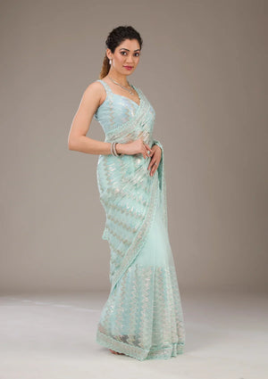 Fashion Cave Pista Green Sequins Net Saree