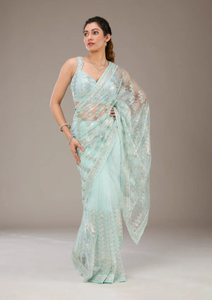 Fashion Cave Pista Green Sequins Net Saree