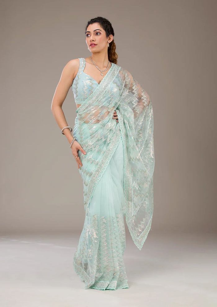 Fashion Cave Pista Green Sequins Net Saree