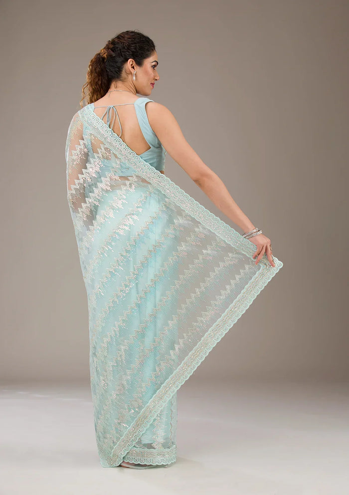 Fashion Cave Pista Green Sequins Net Saree