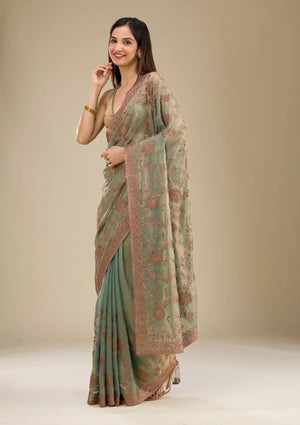 Fashion Cave Pista Green Threadwork Raw Silk Saree