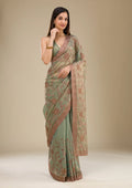 Fashion Cave Pista Green Threadwork Raw Silk Saree