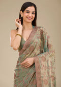 Fashion Cave Pista Green Threadwork Raw Silk Saree