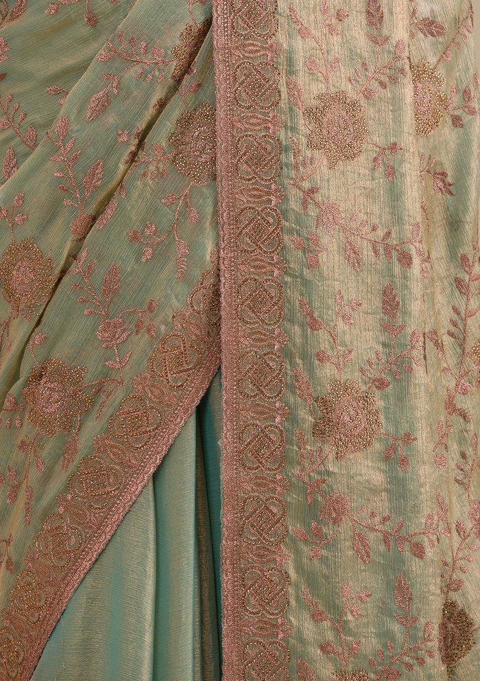Fashion Cave Pista Green Threadwork Raw Silk Saree