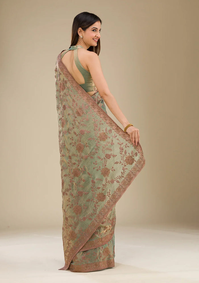 Fashion Cave Pista Green Threadwork Raw Silk Saree