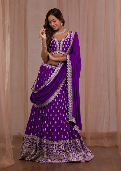 Fashion Cave Purple Zariwork Crepe Readymade Lehenga