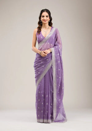 Fashion Cave Purple Zariwork Tissue Saree