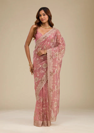 Fashion Cave Pink Zariwork Tissue Saree